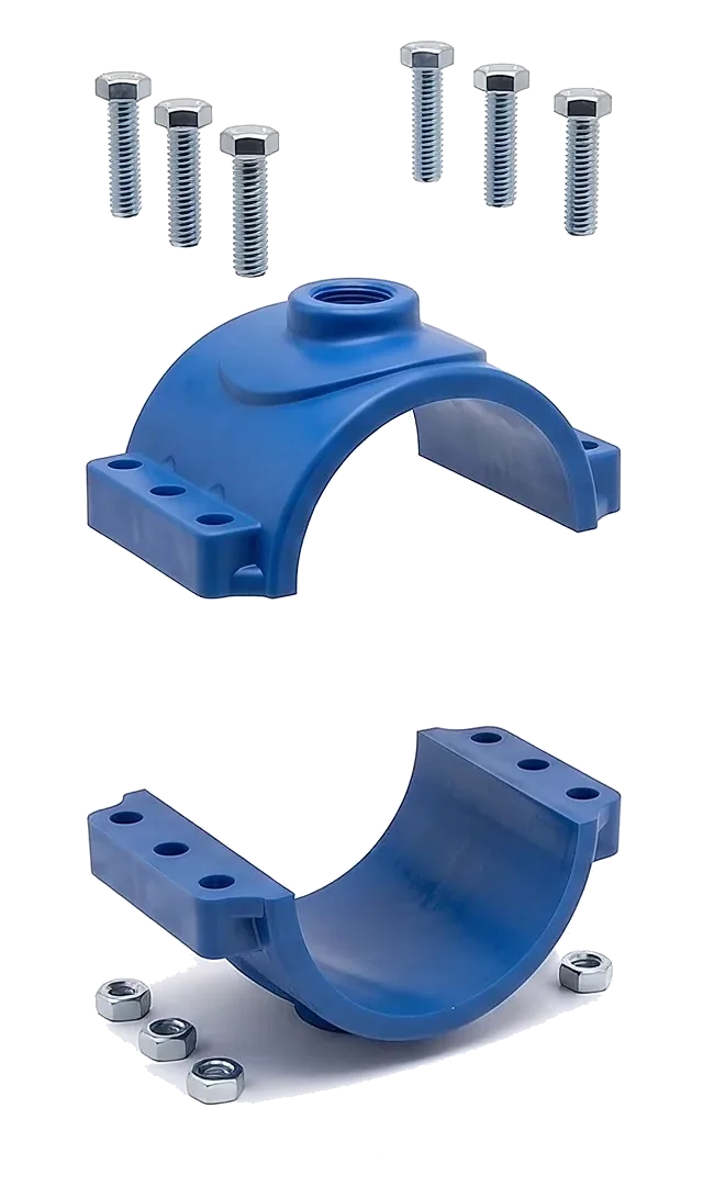 Despiece: tornillos de acero tropicalizado, mitad superior con salida roscada, empaque o-ring de nbr, mitad inferior de polipropileno, tuercas de apriete inferior