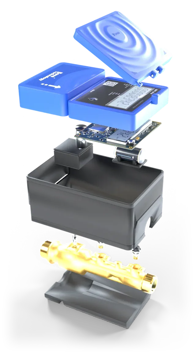 Despiece: cubierta superior y cuerpo, lcd, pcba y batería, motor eléctrico, transductores ultrasónicos, control de válvula, tubería
