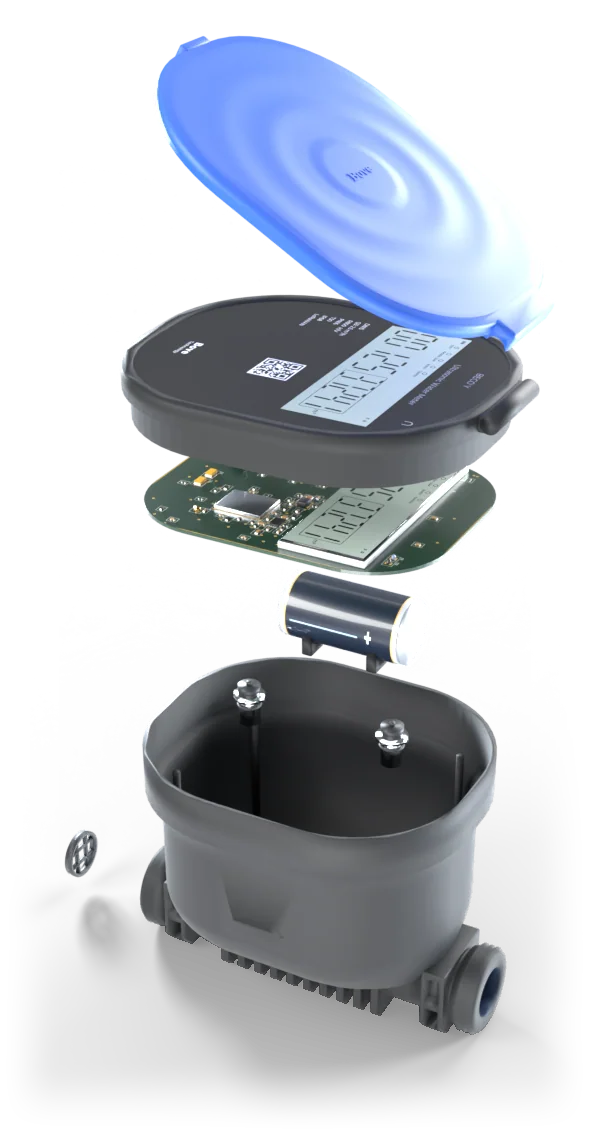 Despiece: cubierta, casco superior y lcd, pcba, batería, transductores ultrasónicos, cuerpo, filtro