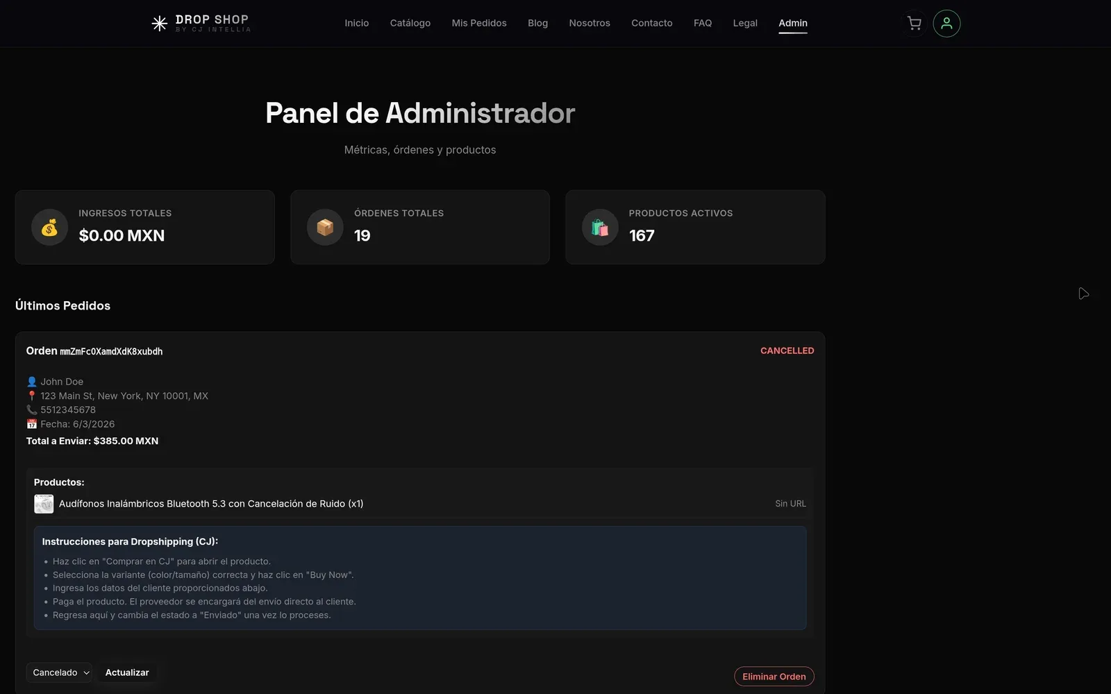 Panel de administración y control de Drop Shop: Supervisión de pedidos entrantes, registro de ingresos diarios y control de existencias.