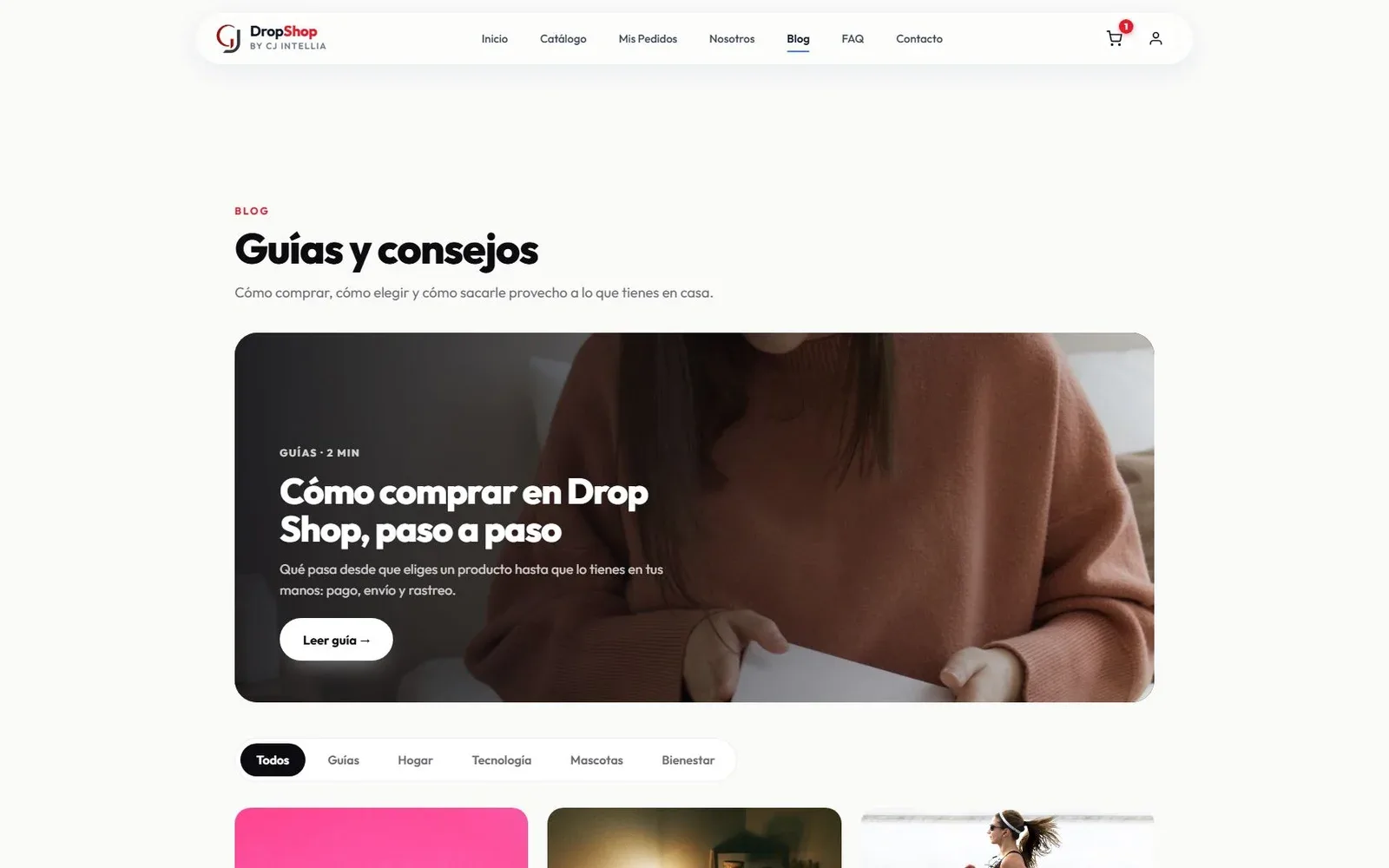 Blog editorial para tráfico orgánico de Drop Shop: Publicación de contenidos que atraen compradores calificados directo desde buscadores.