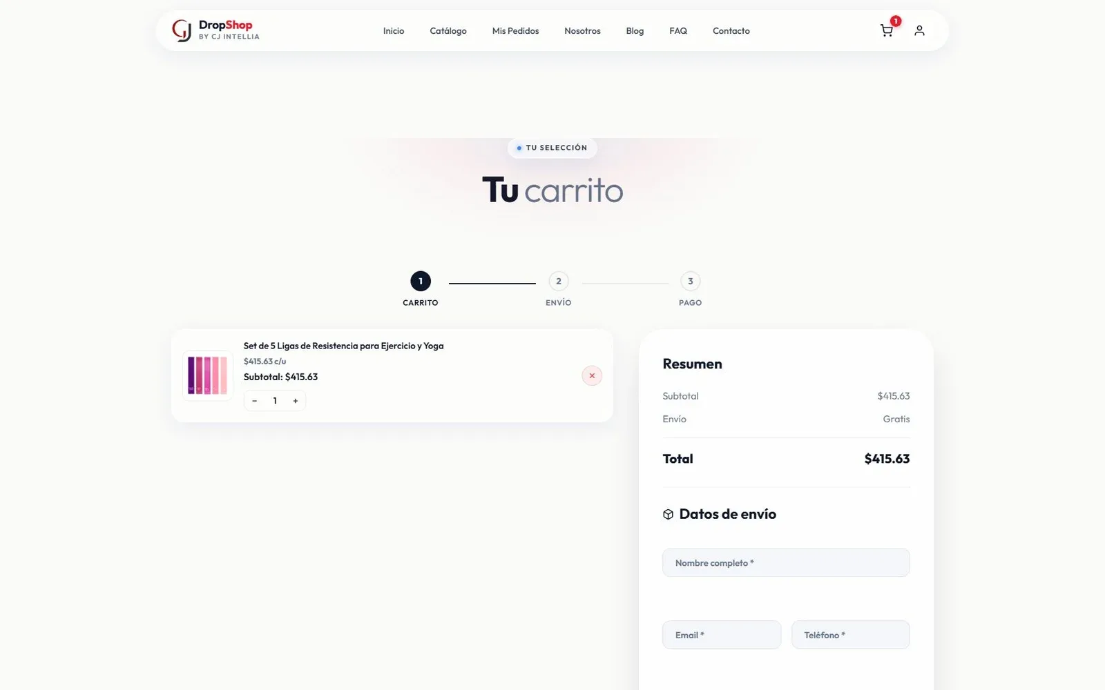 Carrito de compra y checkout de Drop Shop: Resumen detallado de la orden, desglose de envío y formulario de entrega en tres pasos.