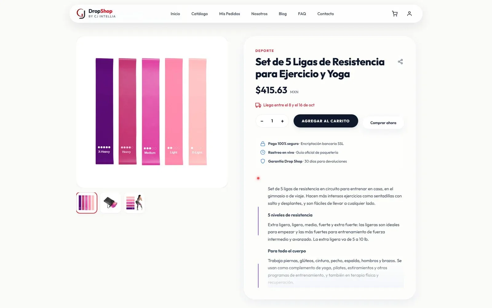 Ficha de detalle de producto de Drop Shop: Galería de imágenes, selector de variantes, descripción completa y botón de compra directa.