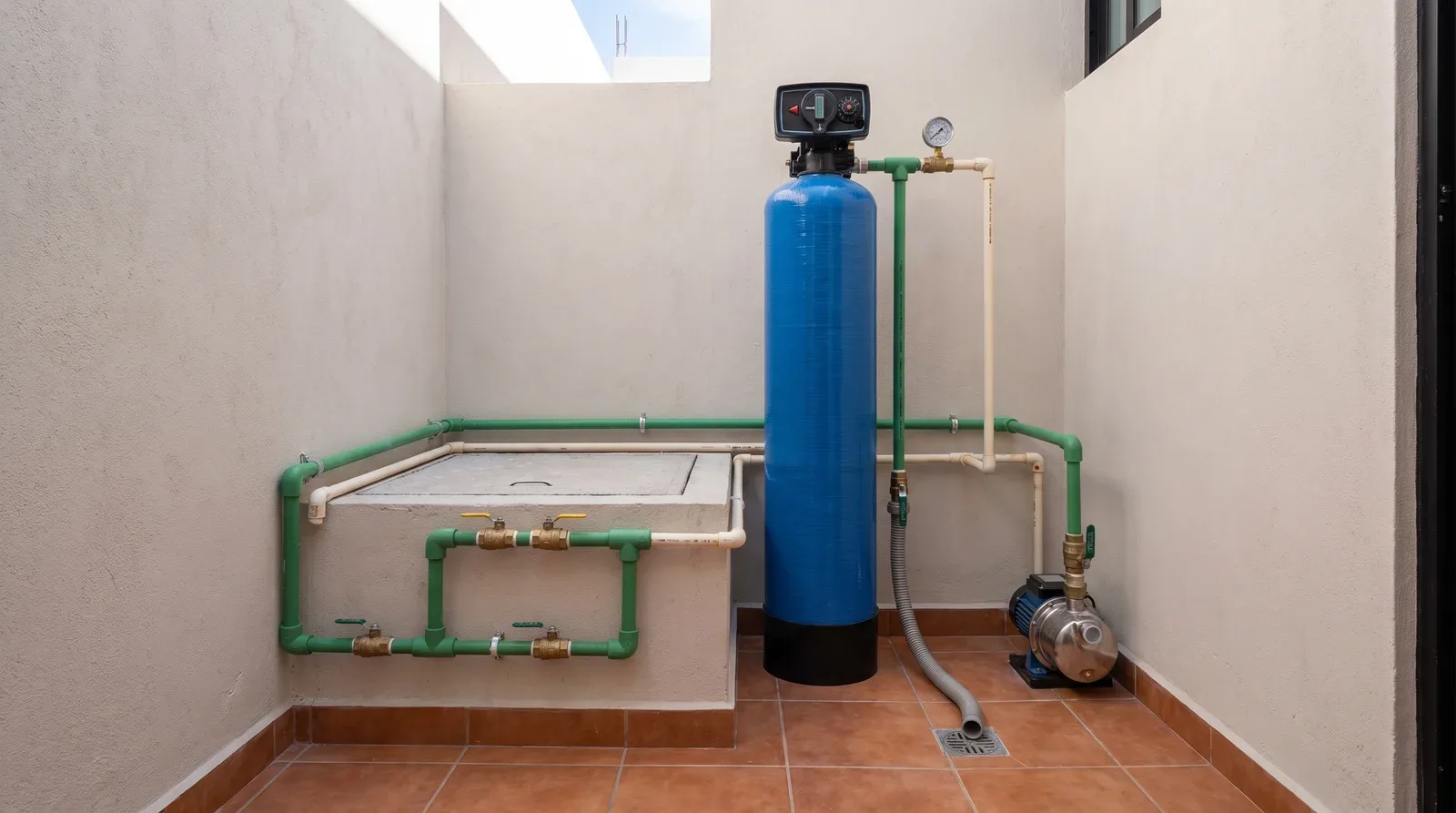 Filtro de lecho profundo automático instalado en el patio de servicio de una casa, junto a la cisterna