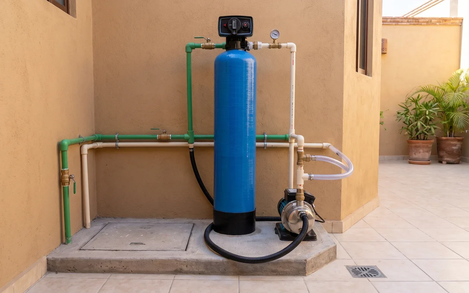 Filtro de lecho profundo instalado junto a la cisterna de una casa