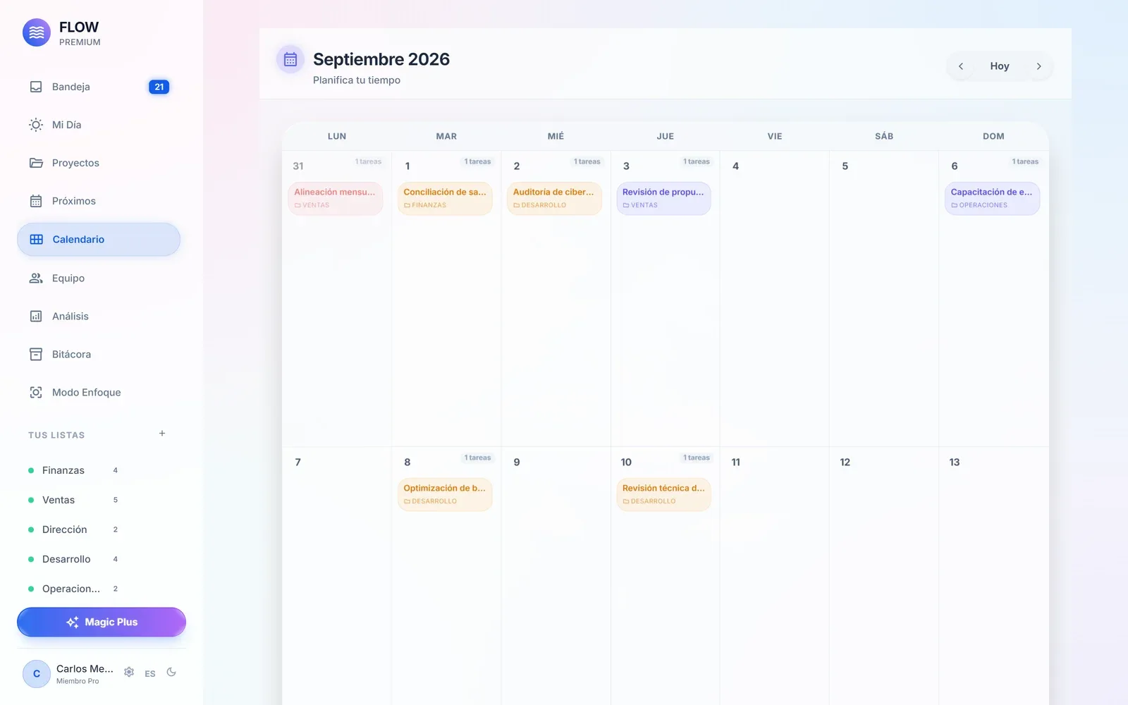 Calendario y fechas límite de FLOW: Planificación temporal para visualizar entregas clave, compromisos con clientes y evitar cuellos de botella.