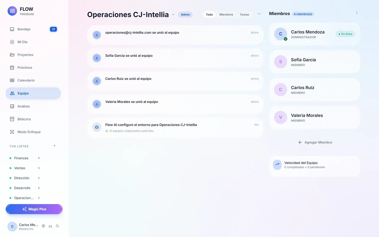 Colaboración y equipo de FLOW: Organización de colaboradores por áreas, proyectos y niveles de acceso para mantener la privacidad de la empresa.