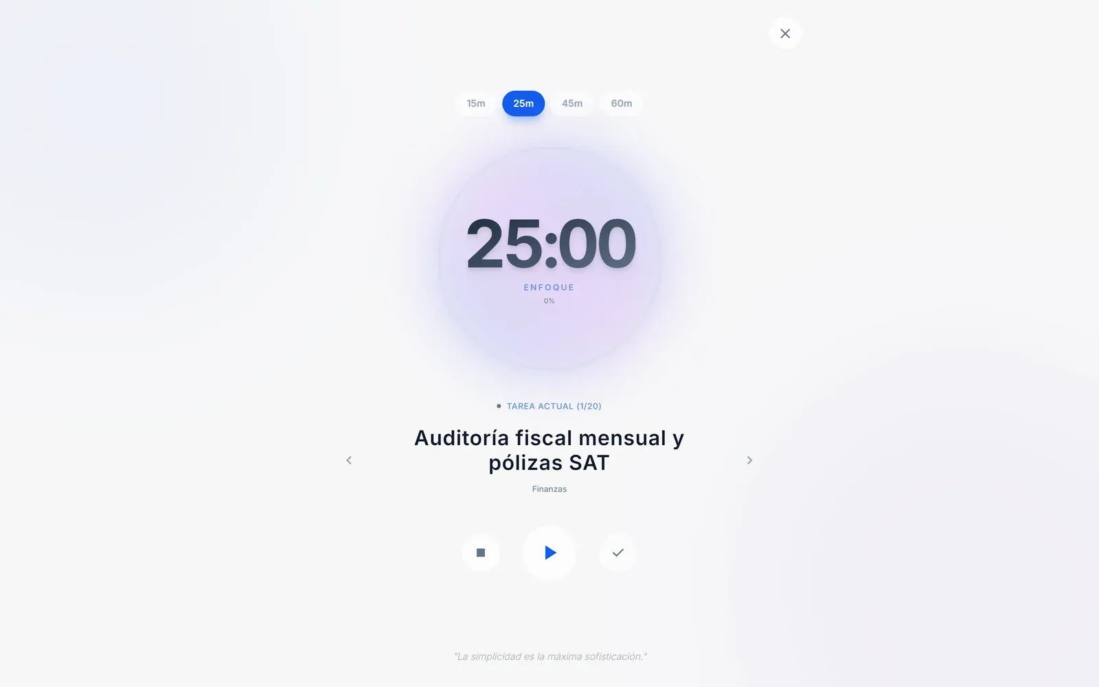 Modo Enfoque Profundo de FLOW: Entorno libre de distracciones con temporizador Pomodoro de 25 minutos y registro exacto del tiempo invertido.