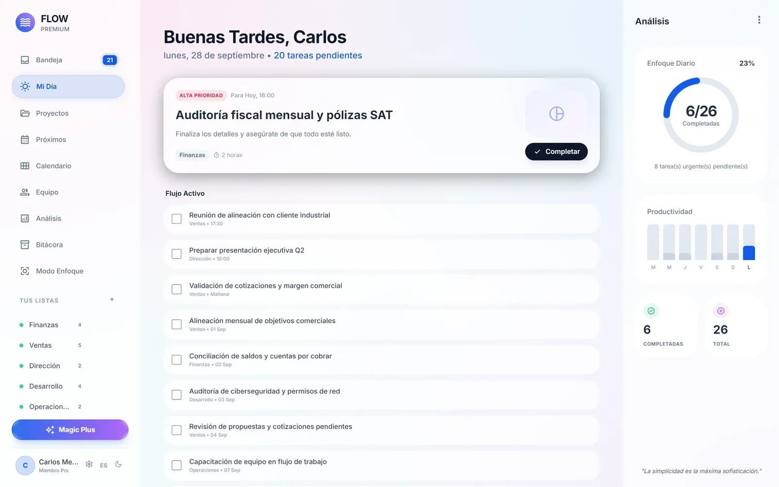 Mi Día · Enfoque diario de FLOW: Vista limpia que aísla las 3 a 6 prioridades de la jornada para avanzar sin abrumarse con todo el backlog.